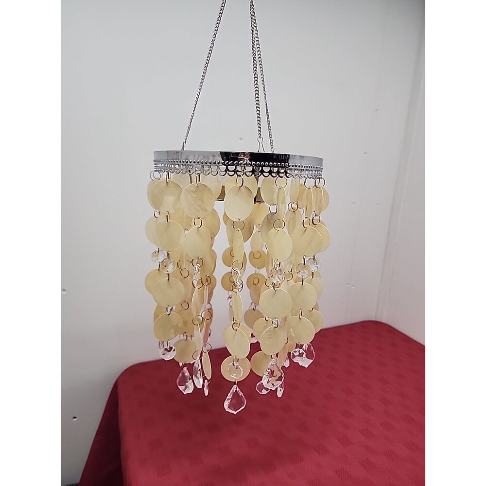 Faux Capiz Shell And Crystal Chandelier W LED  Battery Operated Retro Glam Boho
